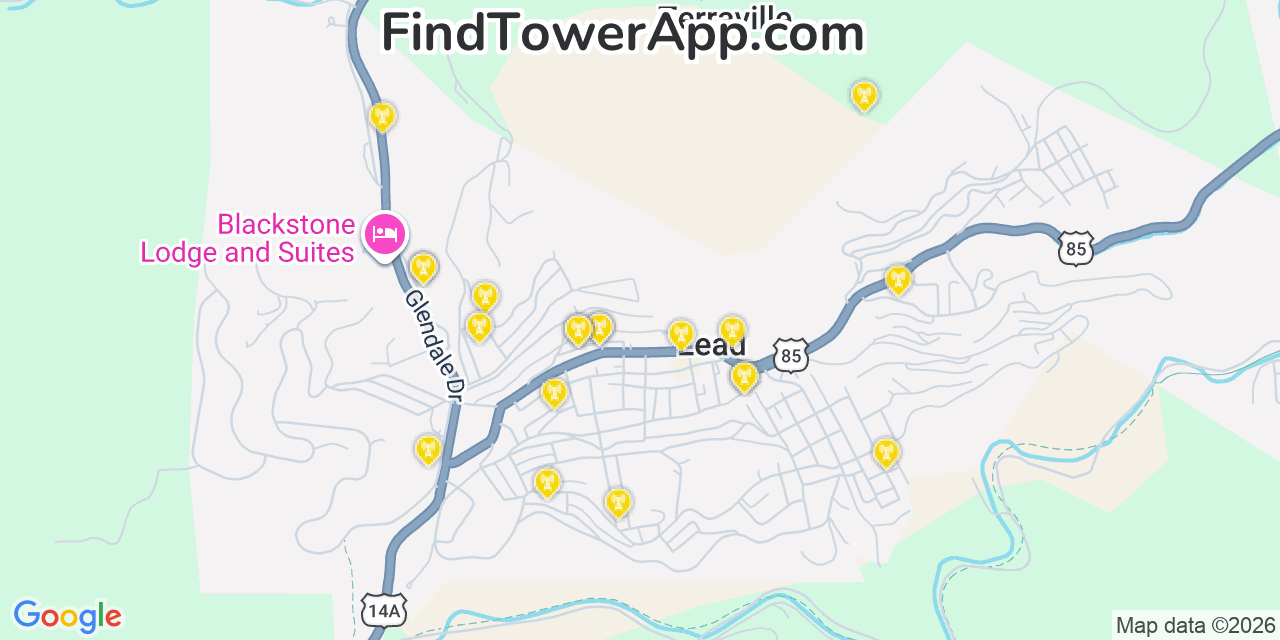 Map showing the 20 primary cell tower locations detected in Lead, South Dakota from AT&T, Verizon, and T-Mobile networks