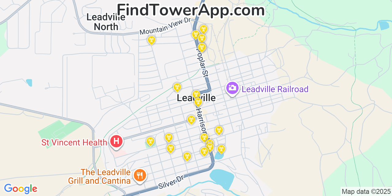 Map showing the 20 primary cell tower locations detected in Leadville, Colorado from AT&T, Verizon, and T-Mobile networks