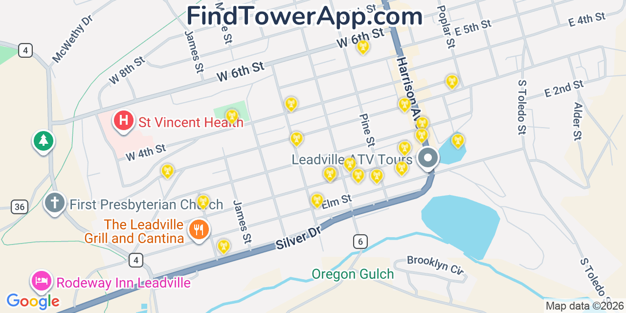 Map showing the 20 primary cell tower locations detected in Leadville, Colorado from AT&T, Verizon, and T-Mobile networks