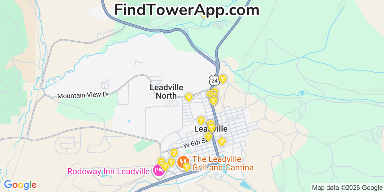 Map showing the 20 primary cell tower locations detected in Leadville North, Colorado from AT&T, Verizon, and T-Mobile networks