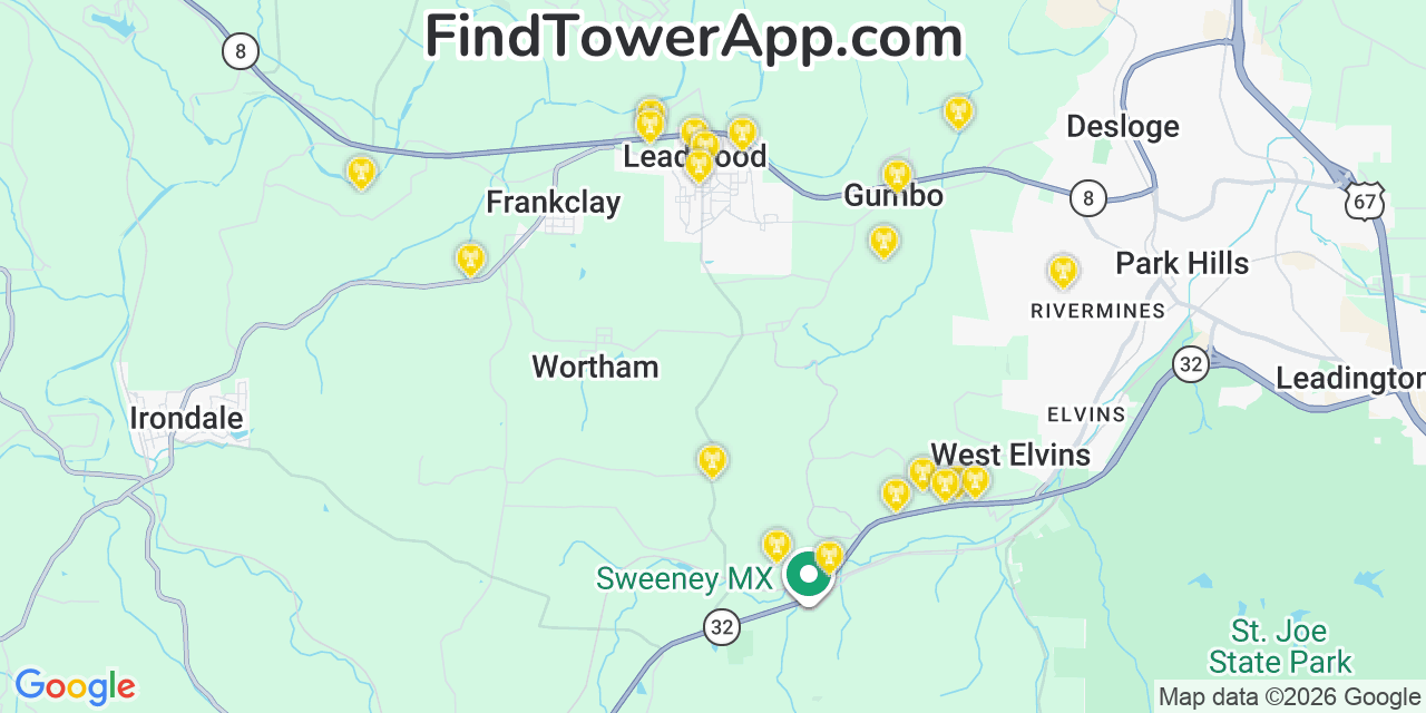 Map showing the 20 primary cell tower locations detected in Leadwood, Missouri from AT&T, Verizon, and T-Mobile networks
