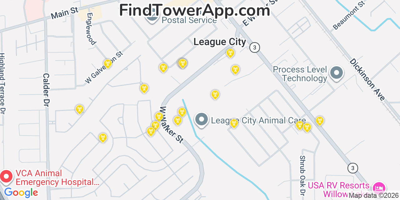 Map showing the 20 primary cell tower locations detected in League City, Texas from AT&T, Verizon, and T-Mobile networks