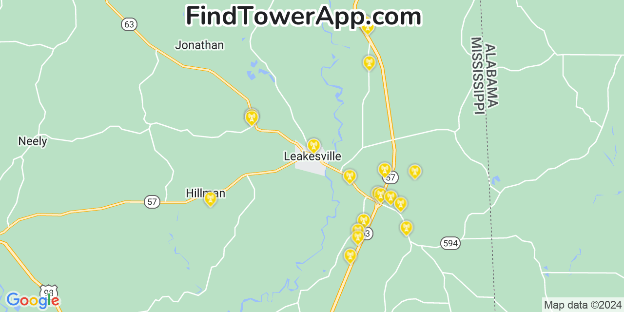 AT&T 4G/5G cell tower coverage map Leakesville, Mississippi