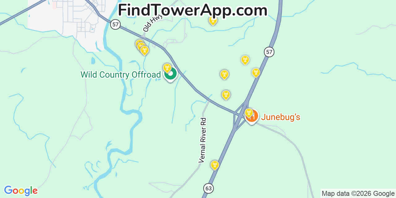 Map showing the 20 primary cell tower locations detected in Leakesville, Mississippi from AT&T, Verizon, and T-Mobile networks