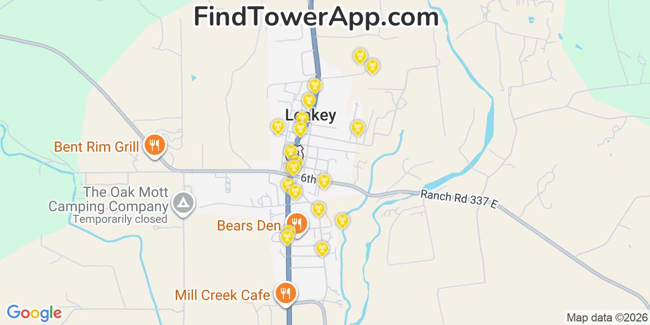 Map showing the 20 primary cell tower locations detected in Leakey, Texas from AT&T, Verizon, and T-Mobile networks