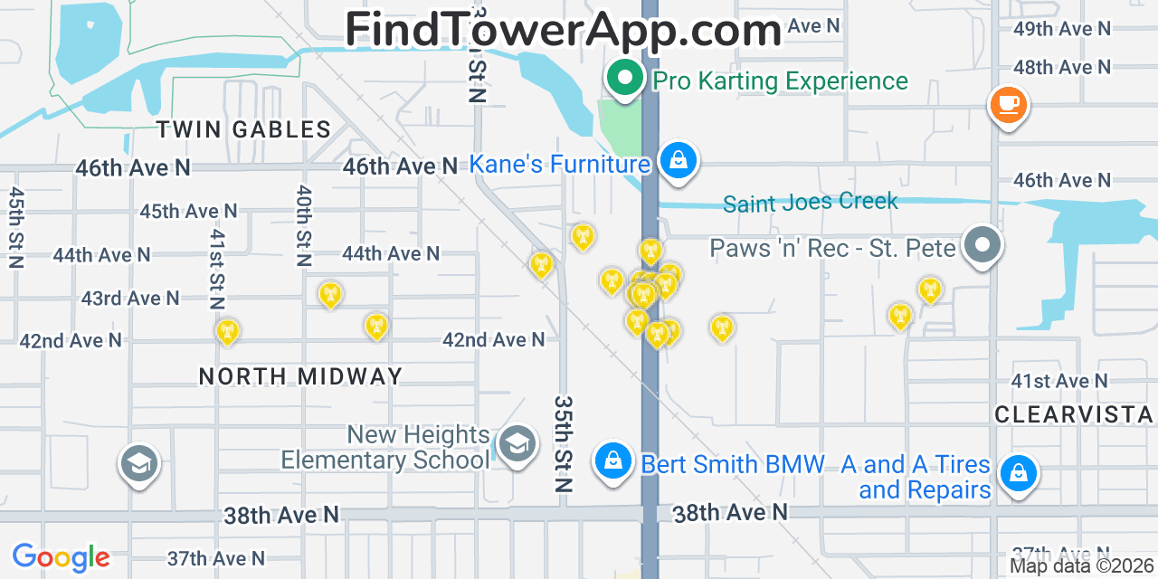 Map showing the 20 primary cell tower locations detected in Lealman, Florida from AT&T, Verizon, and T-Mobile networks