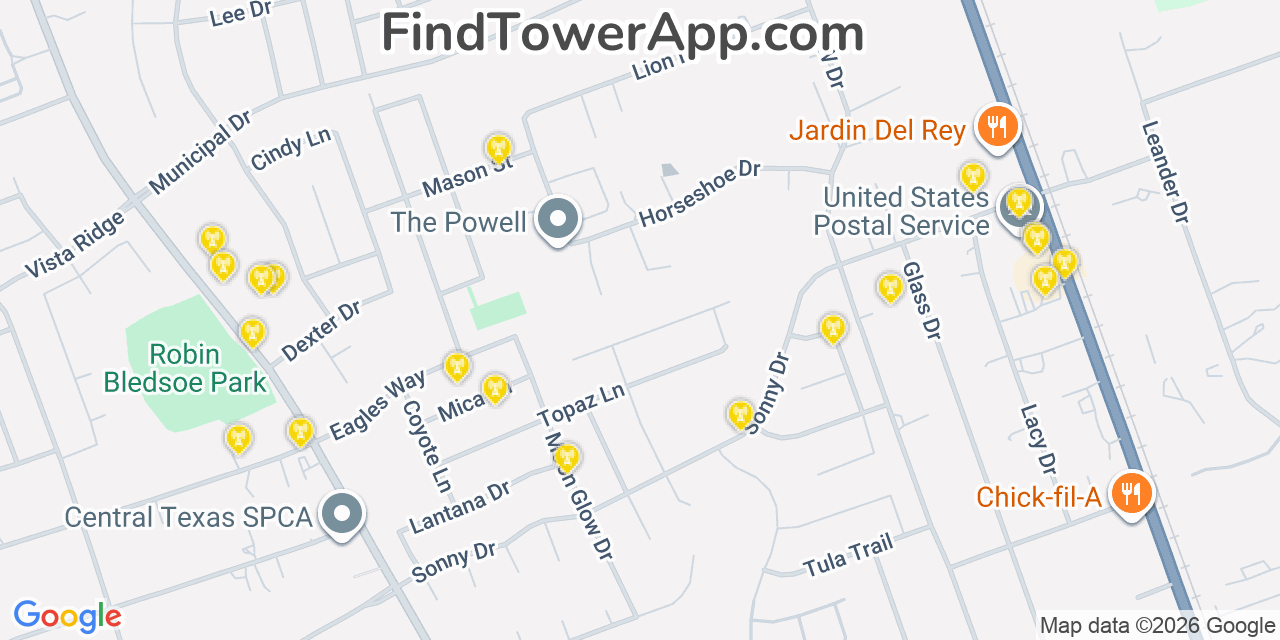 Map showing the 20 primary cell tower locations detected in Leander, Texas from AT&T, Verizon, and T-Mobile networks