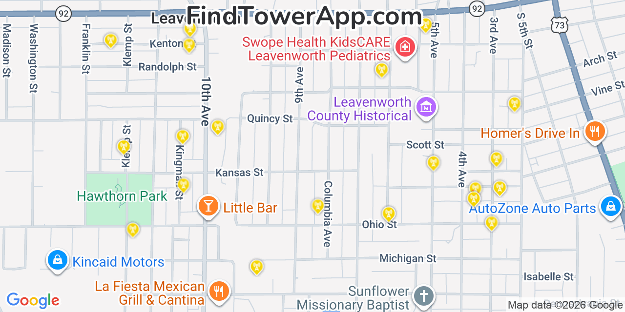Map showing the 20 primary cell tower locations detected in Leavenworth, Kansas from AT&T, Verizon, and T-Mobile networks