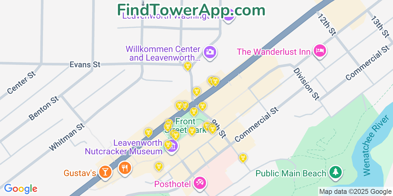 Map showing the 20 primary cell tower locations detected in Leavenworth, Washington from AT&T, Verizon, and T-Mobile networks