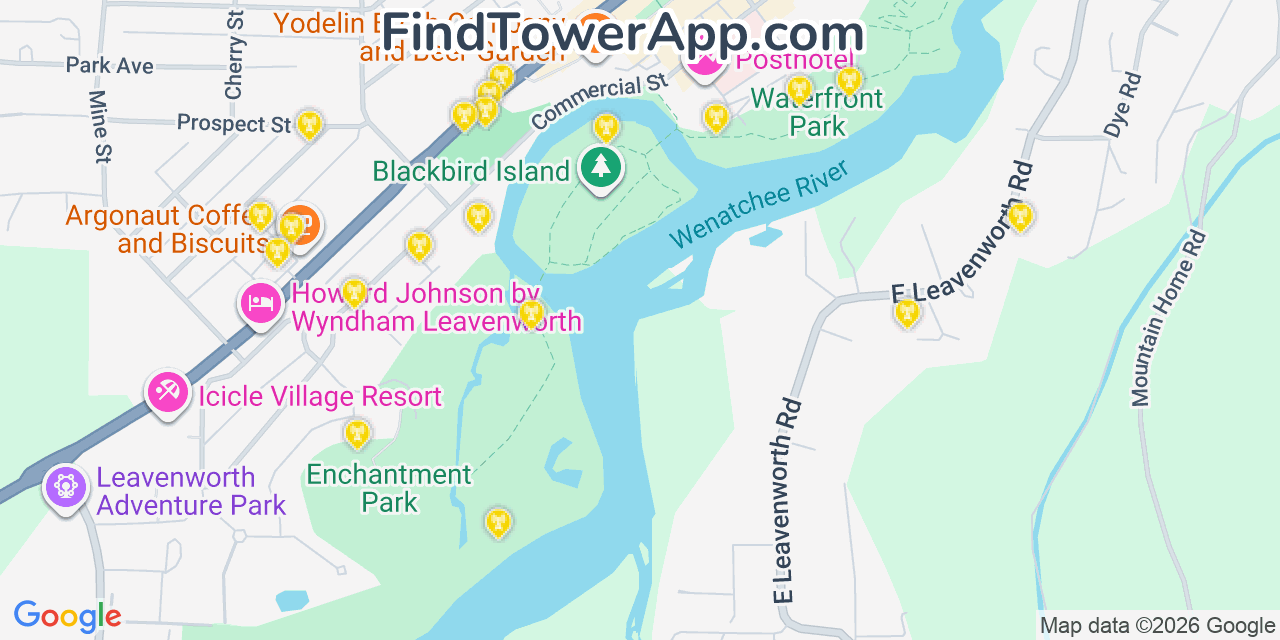 Map showing the 20 primary cell tower locations detected in Leavenworth, Washington from AT&T, Verizon, and T-Mobile networks