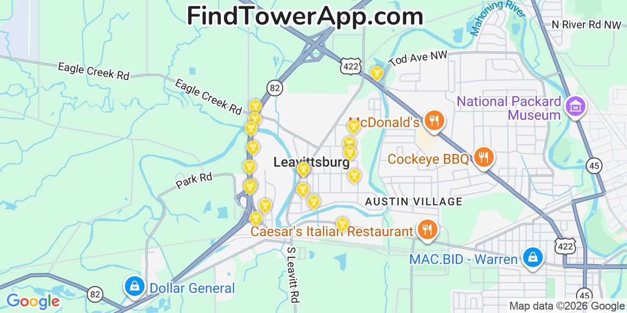 Map showing the 20 primary cell tower locations detected in Leavittsburg, Ohio from AT&T, Verizon, and T-Mobile networks