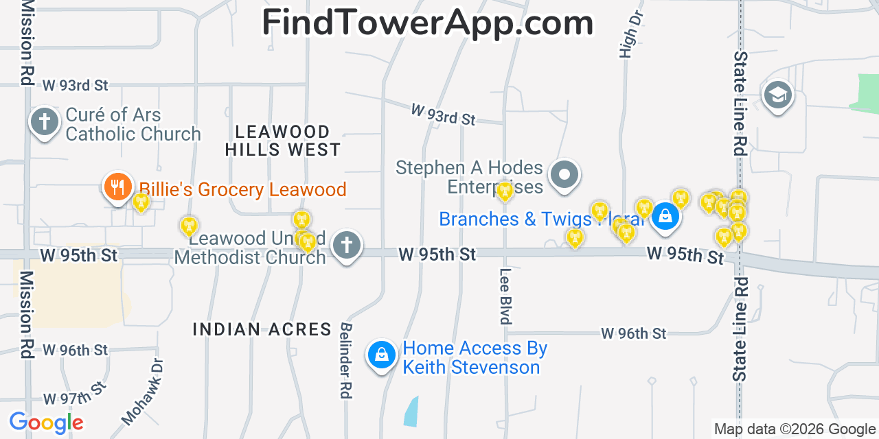 Map showing the 20 primary cell tower locations detected in Leawood, Kansas from AT&T, Verizon, and T-Mobile networks