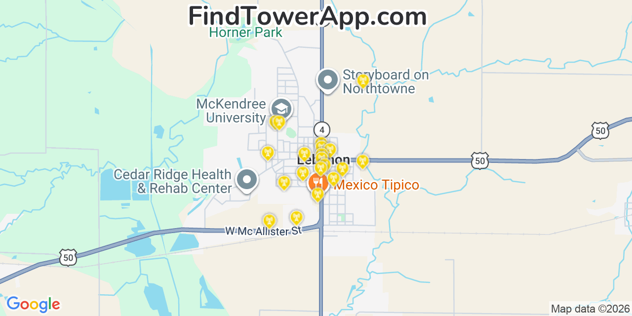 Map showing the 20 primary cell tower locations detected in Lebanon, Illinois from AT&T, Verizon, and T-Mobile networks