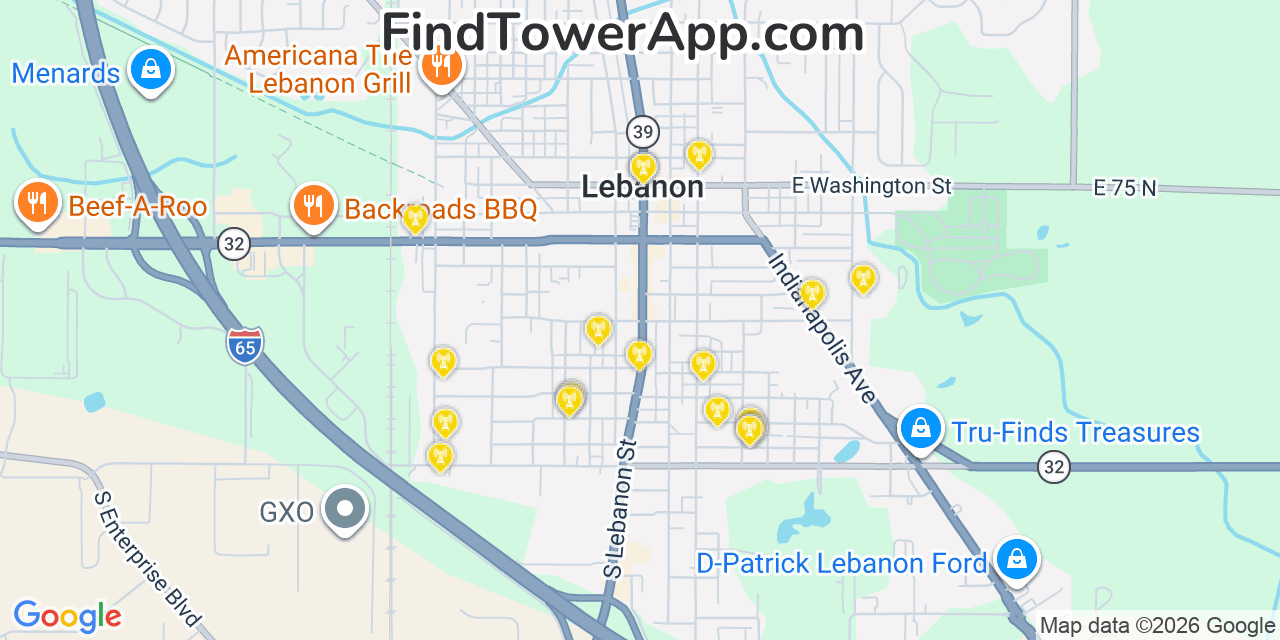 Map showing the 20 primary cell tower locations detected in Lebanon, Indiana from AT&T, Verizon, and T-Mobile networks