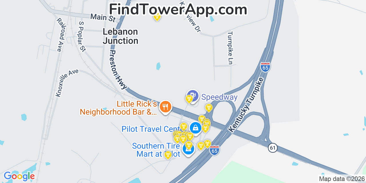 Map showing the 20 primary cell tower locations detected in Lebanon Junction, Kentucky from AT&T, Verizon, and T-Mobile networks