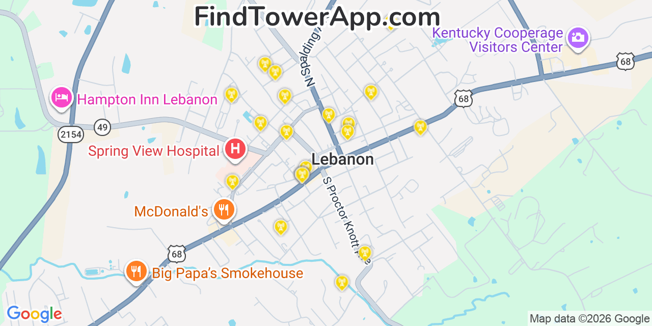 Map showing the 20 primary cell tower locations detected in Lebanon, Kentucky from AT&T, Verizon, and T-Mobile networks