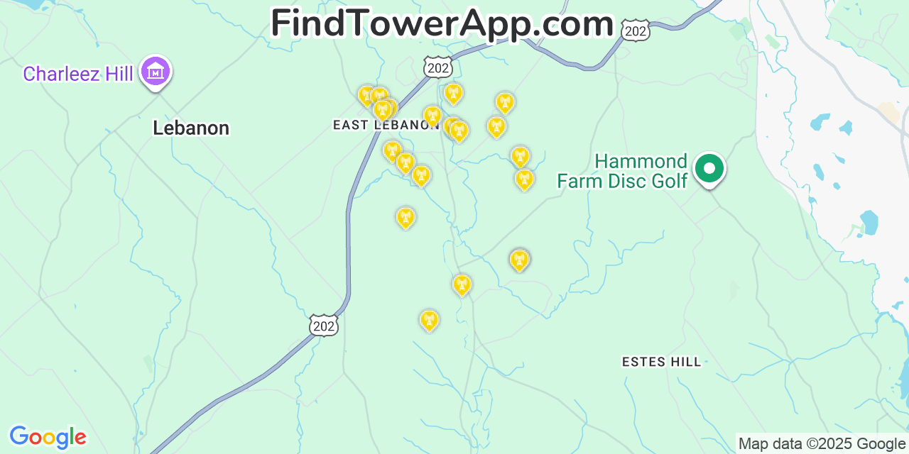 Map showing the 20 primary cell tower locations detected in Lebanon, Maine from AT&T, Verizon, and T-Mobile networks
