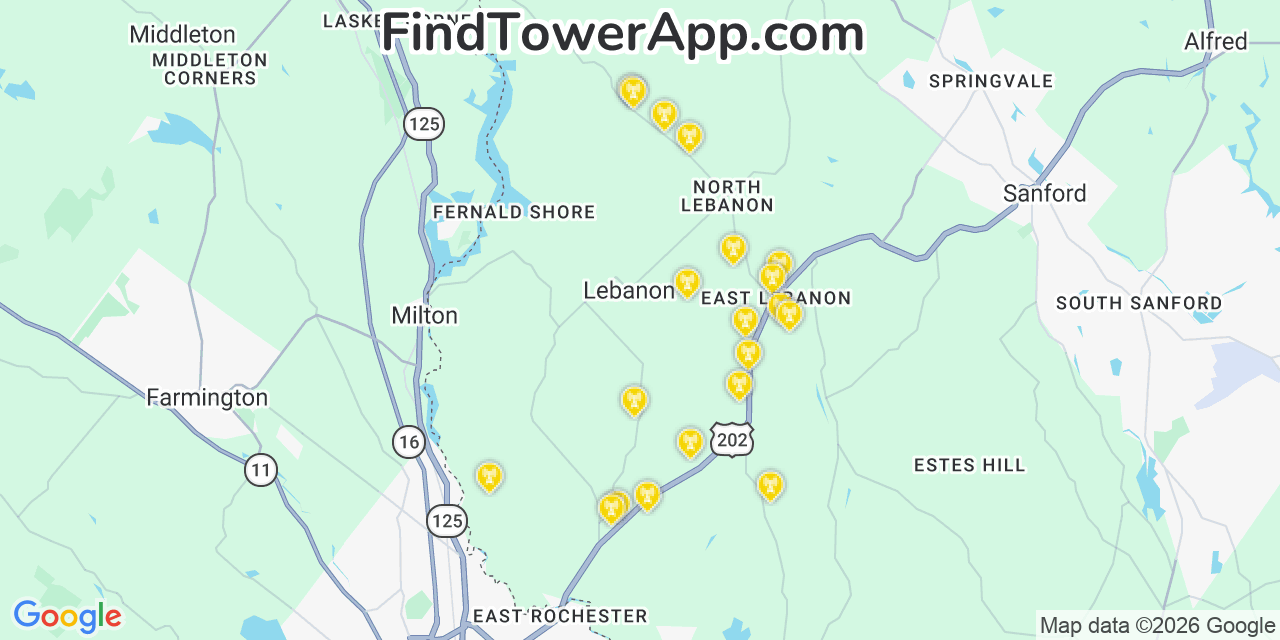 Map showing the 20 primary cell tower locations detected in Lebanon, Maine from AT&T, Verizon, and T-Mobile networks
