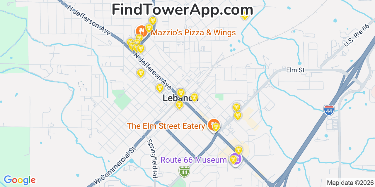 Map showing the 20 primary cell tower locations detected in Lebanon, Missouri from AT&T, Verizon, and T-Mobile networks