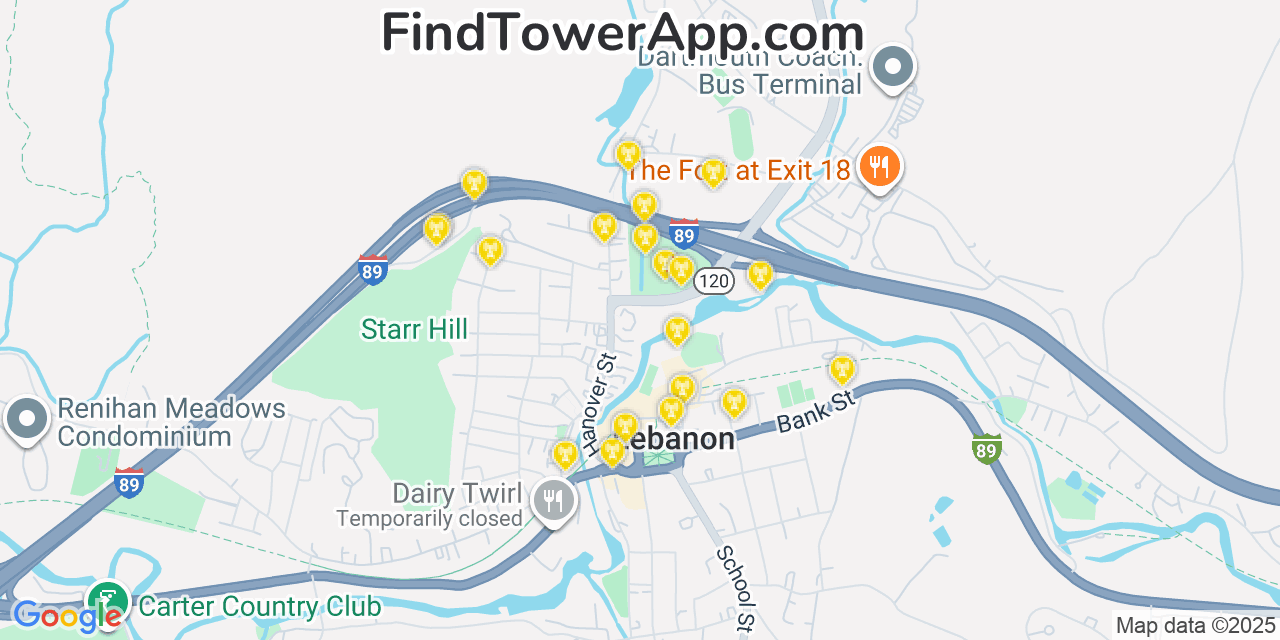 Map showing the 20 primary cell tower locations detected in Lebanon, New Hampshire from AT&T, Verizon, and T-Mobile networks