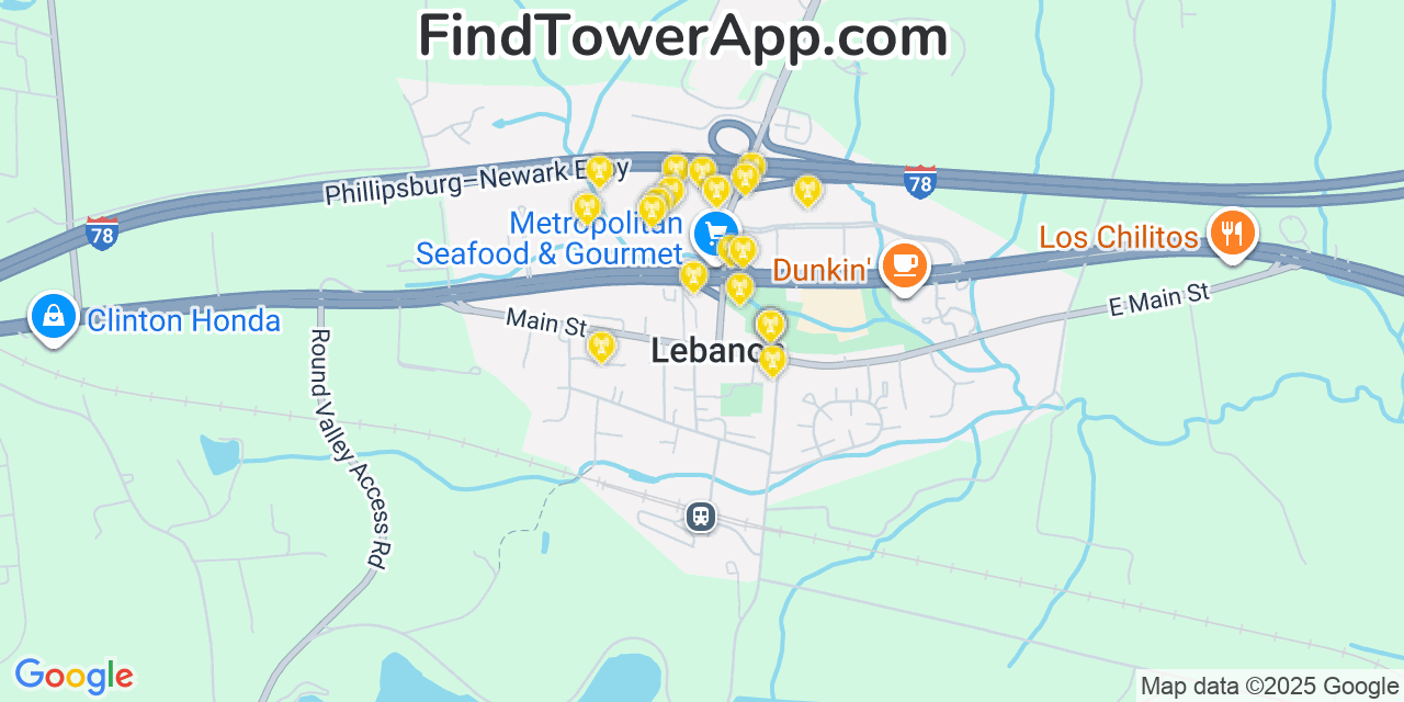 Map showing the 20 primary cell tower locations detected in Lebanon, New Jersey from AT&T, Verizon, and T-Mobile networks