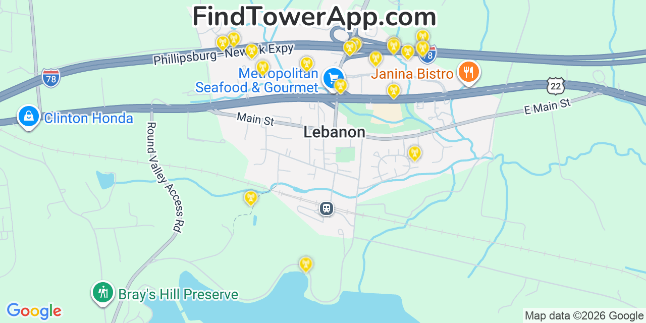 Map showing the 20 primary cell tower locations detected in Lebanon, New Jersey from AT&T, Verizon, and T-Mobile networks