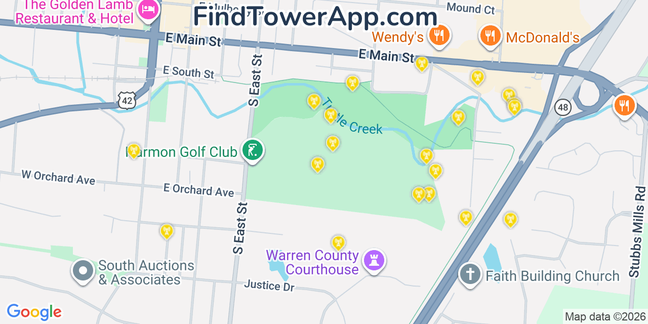 Map showing the 20 primary cell tower locations detected in Lebanon, Ohio from AT&T, Verizon, and T-Mobile networks