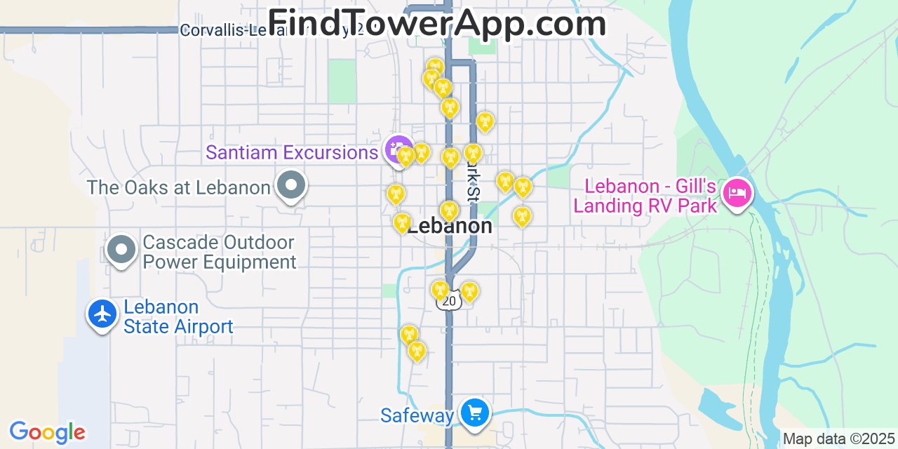 Map showing the 20 primary cell tower locations detected in Lebanon, Oregon from AT&T, Verizon, and T-Mobile networks