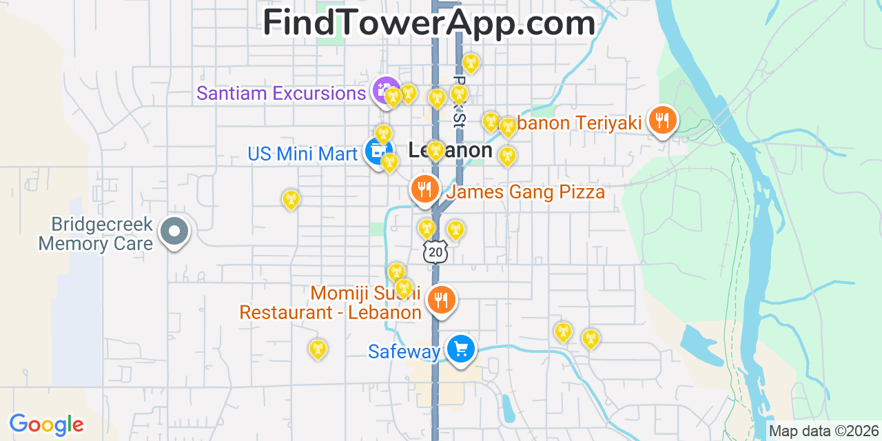 Map showing the 20 primary cell tower locations detected in Lebanon, Oregon from AT&T, Verizon, and T-Mobile networks