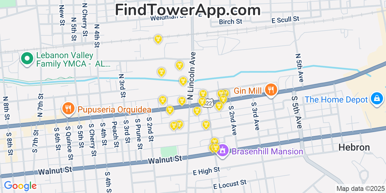 Map showing the 20 primary cell tower locations detected in Lebanon, Pennsylvania from AT&T, Verizon, and T-Mobile networks