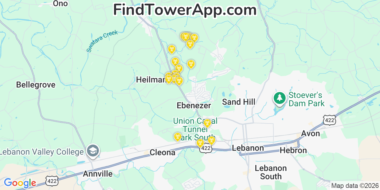 Map showing the 20 primary cell tower locations detected in Lebanon, Pennsylvania from AT&T, Verizon, and T-Mobile networks