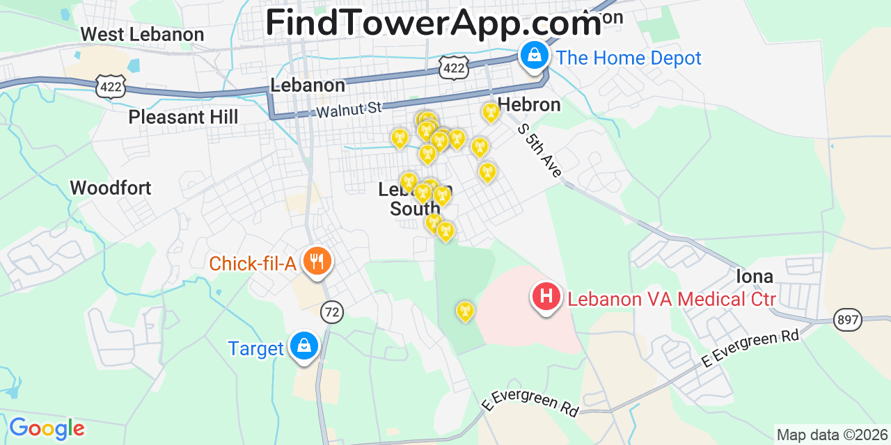 Map showing the 20 primary cell tower locations detected in Lebanon South, Pennsylvania from AT&T, Verizon, and T-Mobile networks