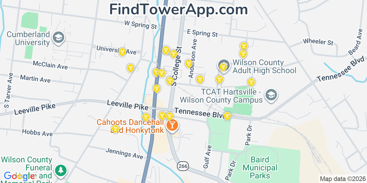 Map showing the 20 primary cell tower locations detected in Lebanon, Tennessee from AT&T, Verizon, and T-Mobile networks