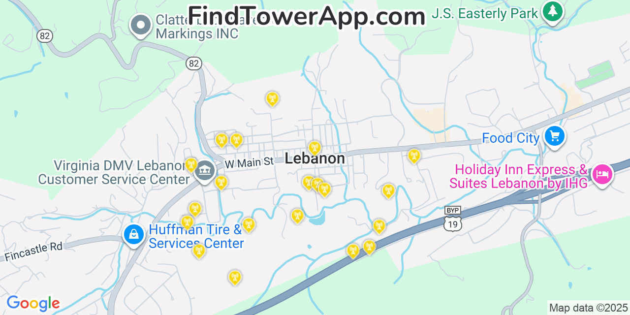 Map showing the 20 primary cell tower locations detected in Lebanon, Virginia from AT&T, Verizon, and T-Mobile networks
