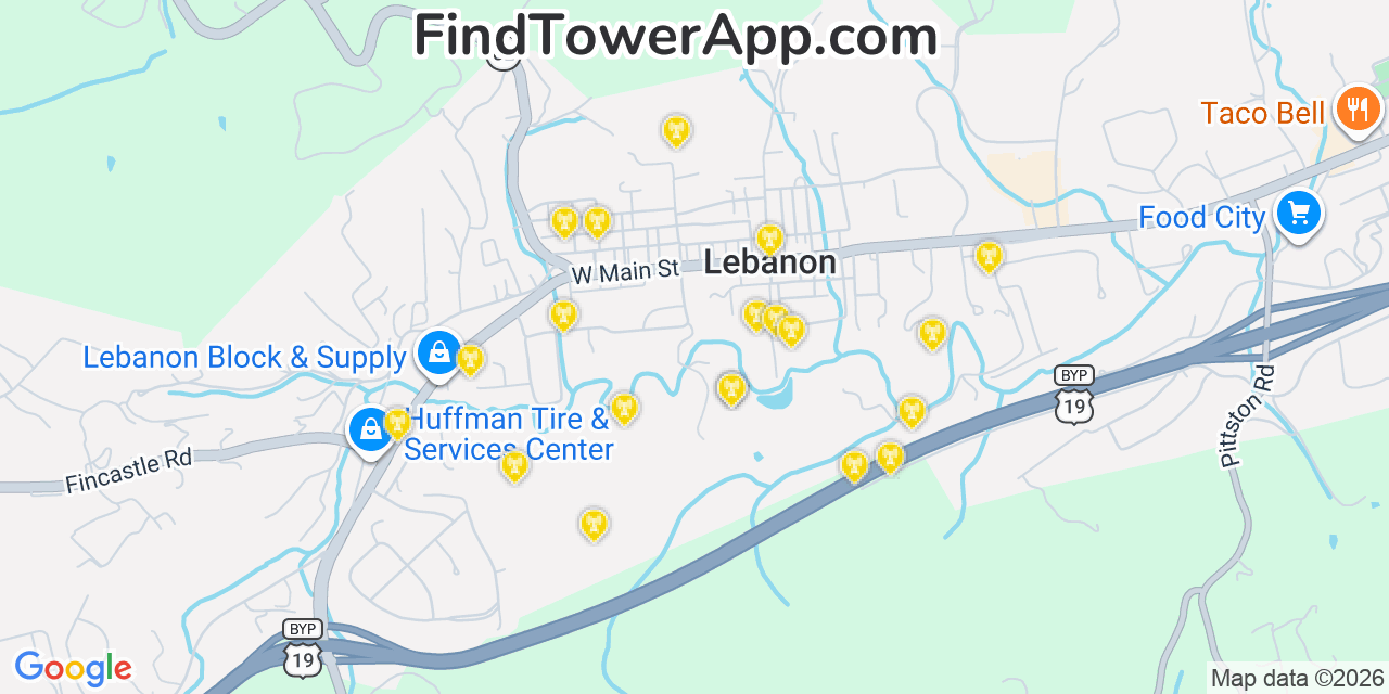 Map showing the 20 primary cell tower locations detected in Lebanon, Virginia from AT&T, Verizon, and T-Mobile networks