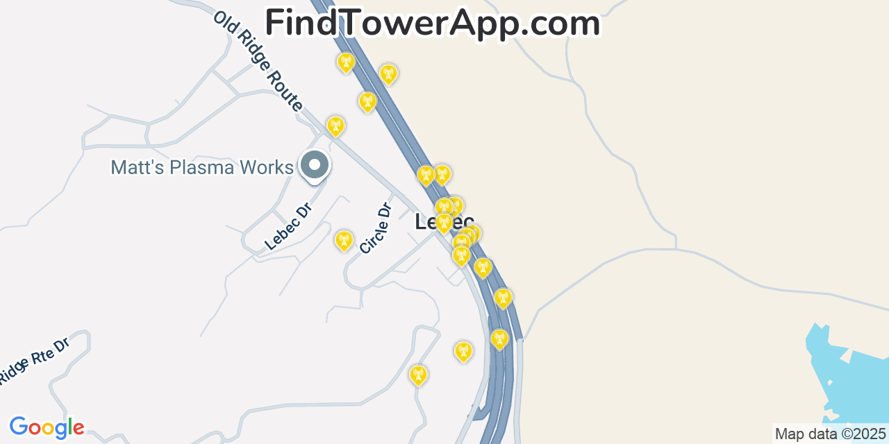Map showing the 20 primary cell tower locations detected in Lebec, California from AT&T, Verizon, and T-Mobile networks