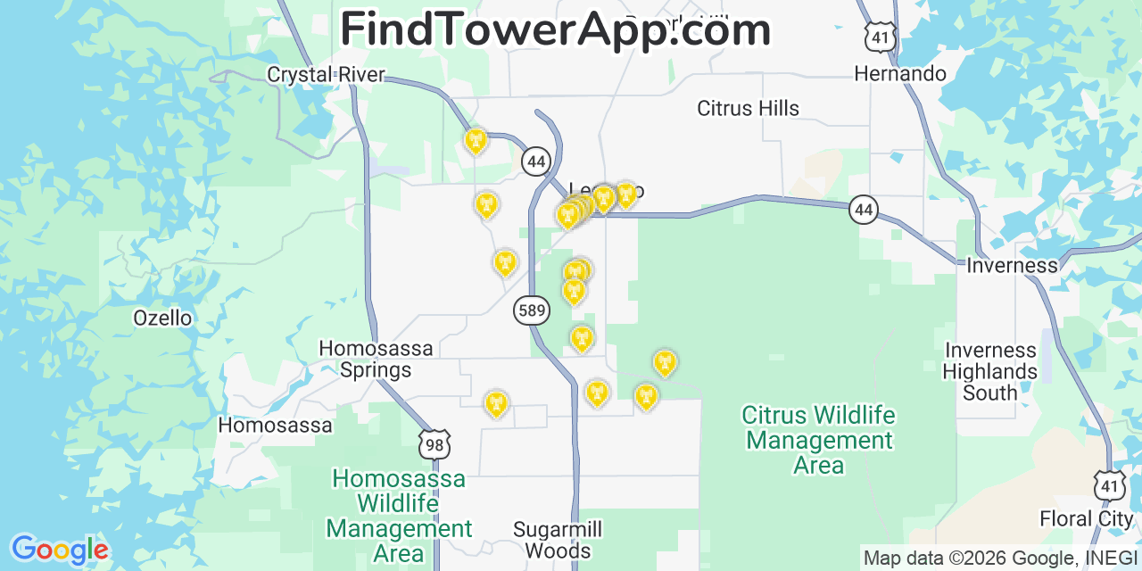 Map showing the 20 primary cell tower locations detected in Lecanto, Florida from AT&T, Verizon, and T-Mobile networks