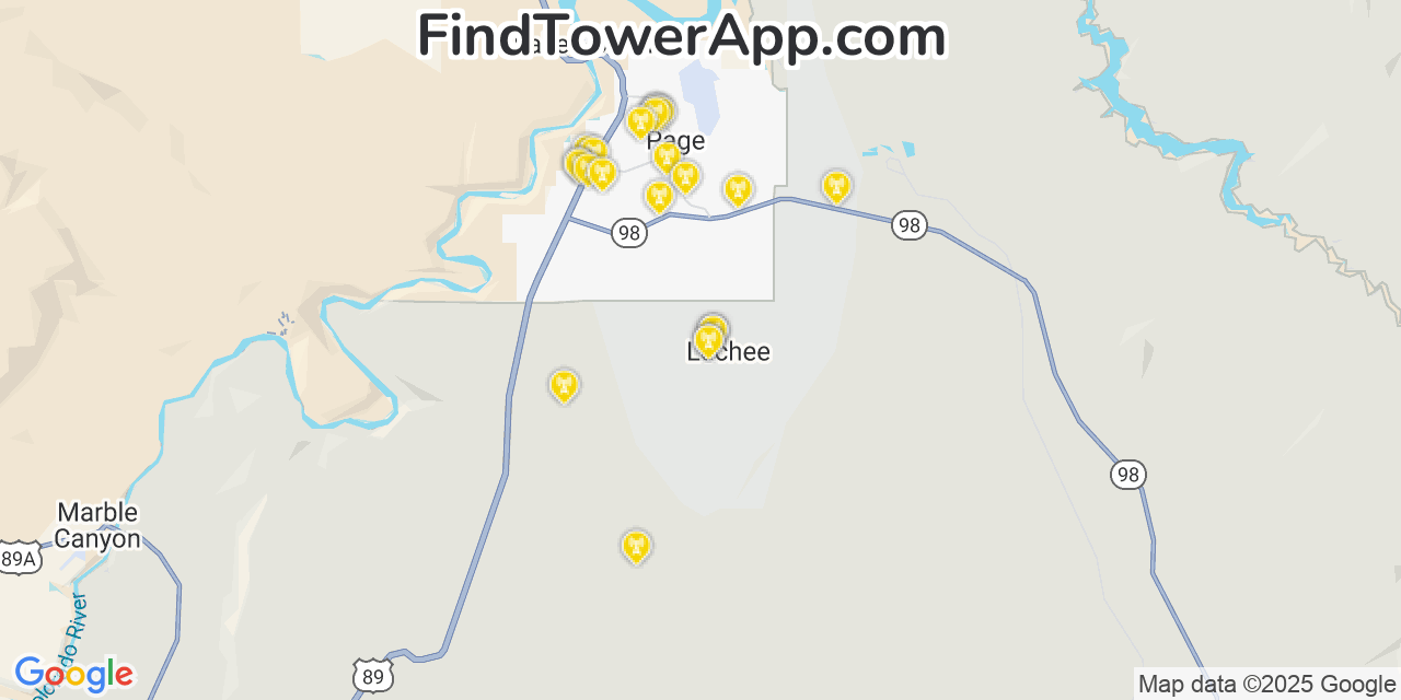 Map showing the 22 primary AT&T cell tower locations detected in Lechee, Arizona with coverage radius and signal strength indicators