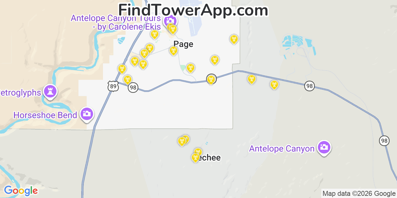 Map showing the 20 primary cell tower locations detected in Lechee, Arizona from AT&T, Verizon, and T-Mobile networks