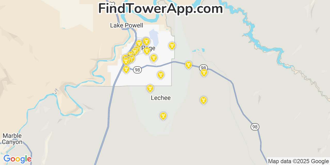 Map showing the 21 primary T-Mobile cell tower locations detected in Lechee, Arizona with coverage radius and signal strength indicators
