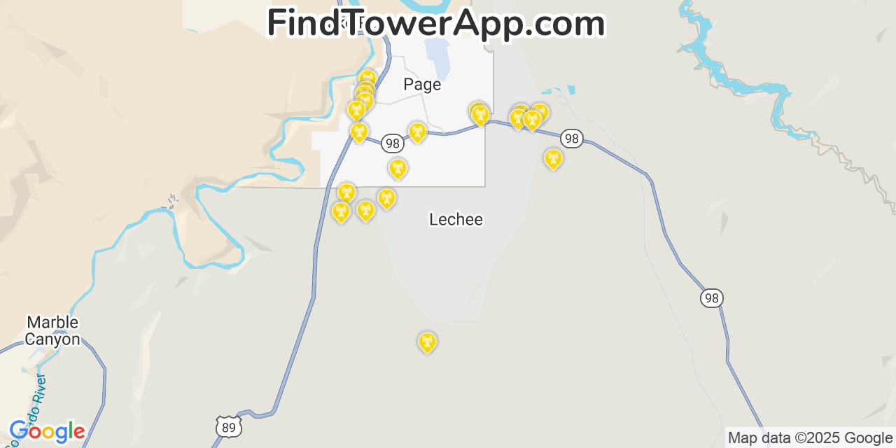 Map showing the 20 primary Verizon cell tower locations detected in Lechee, Arizona with coverage radius and signal strength indicators