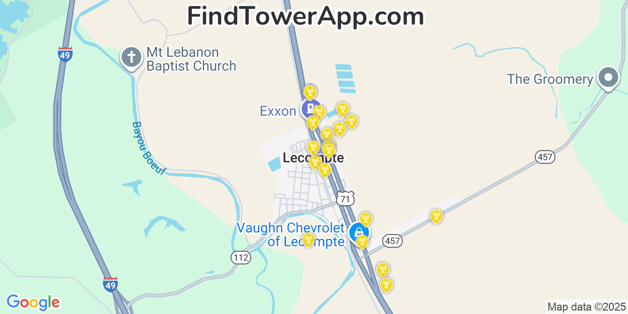 Map showing the 20 primary cell tower locations detected in Lecompte, Louisiana from AT&T, Verizon, and T-Mobile networks