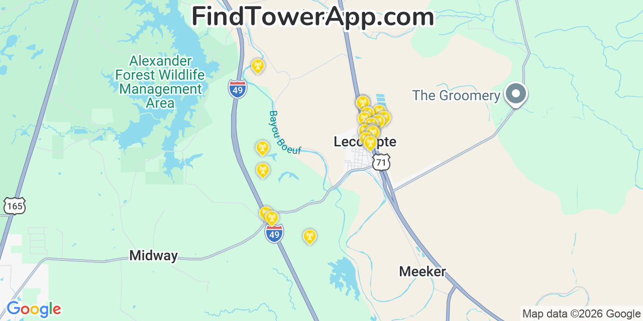 Map showing the 20 primary cell tower locations detected in Lecompte, Louisiana from AT&T, Verizon, and T-Mobile networks