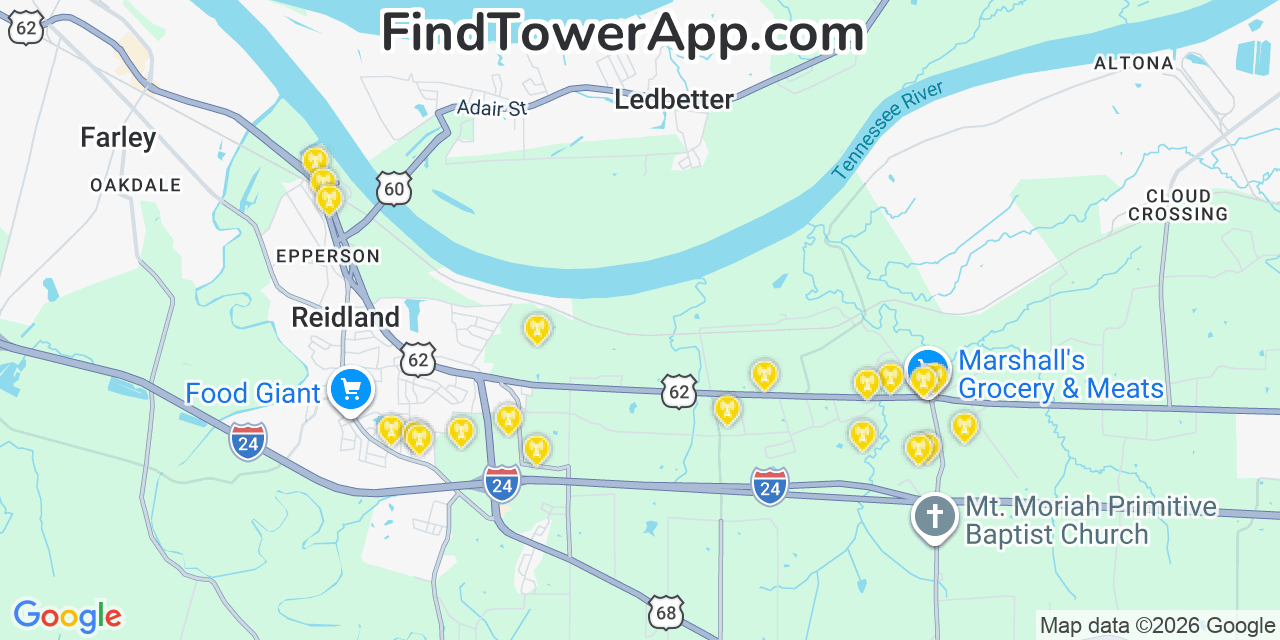 Map showing the 20 primary cell tower locations detected in Ledbetter, Kentucky from AT&T, Verizon, and T-Mobile networks