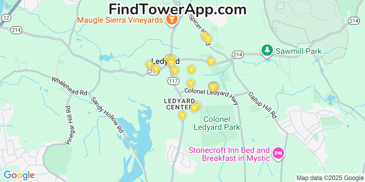 Map showing the 20 primary cell tower locations detected in Ledyard, Connecticut from AT&T, Verizon, and T-Mobile networks