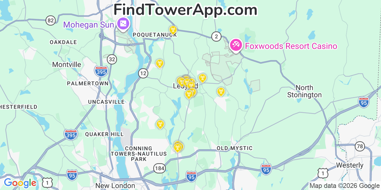 Map showing the 20 primary cell tower locations detected in Ledyard, Connecticut from AT&T, Verizon, and T-Mobile networks