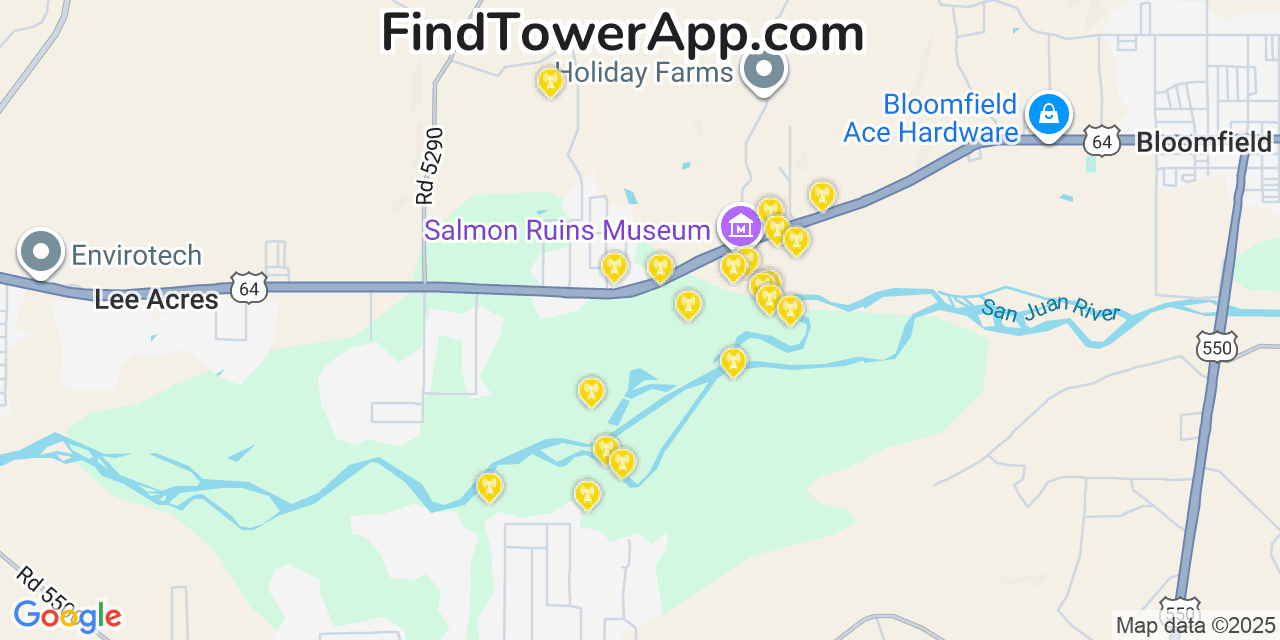 Map showing the 20 primary cell tower locations detected in Lee Acres, New Mexico from AT&T, Verizon, and T-Mobile networks