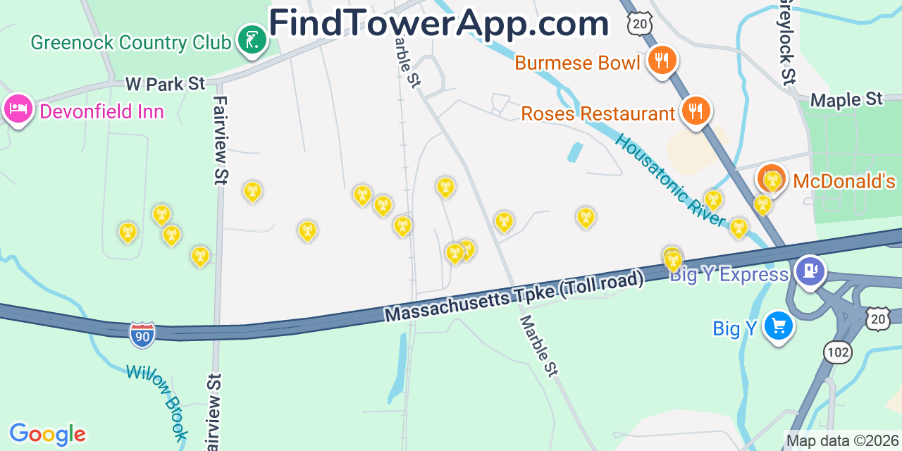 Map showing the 20 primary cell tower locations detected in Lee, Massachusetts from AT&T, Verizon, and T-Mobile networks