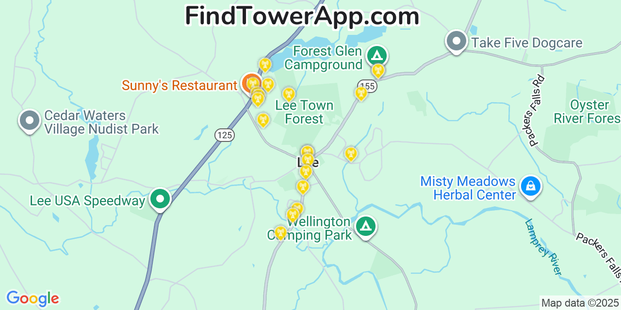 Map showing the 20 primary cell tower locations detected in Lee, New Hampshire from AT&T, Verizon, and T-Mobile networks