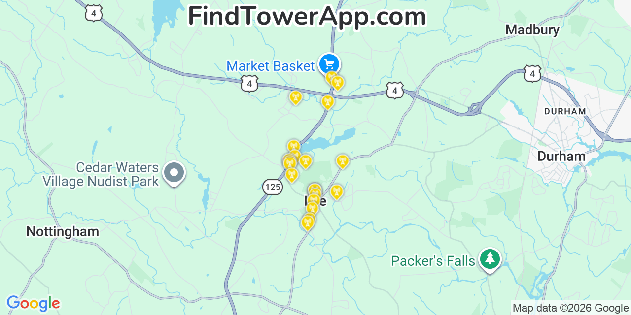 Map showing the 20 primary cell tower locations detected in Lee, New Hampshire from AT&T, Verizon, and T-Mobile networks